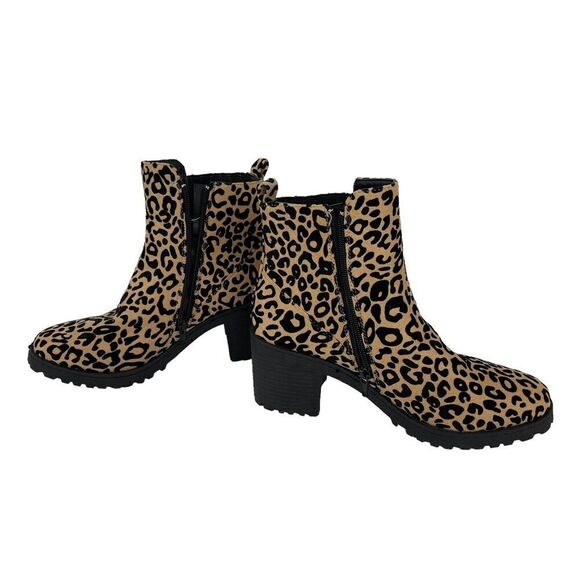 Qupid Cheetah Ankle Boots Bootie Animal Print Size 8 Black Tan Chunky Block Heel - Picture 5 of 13